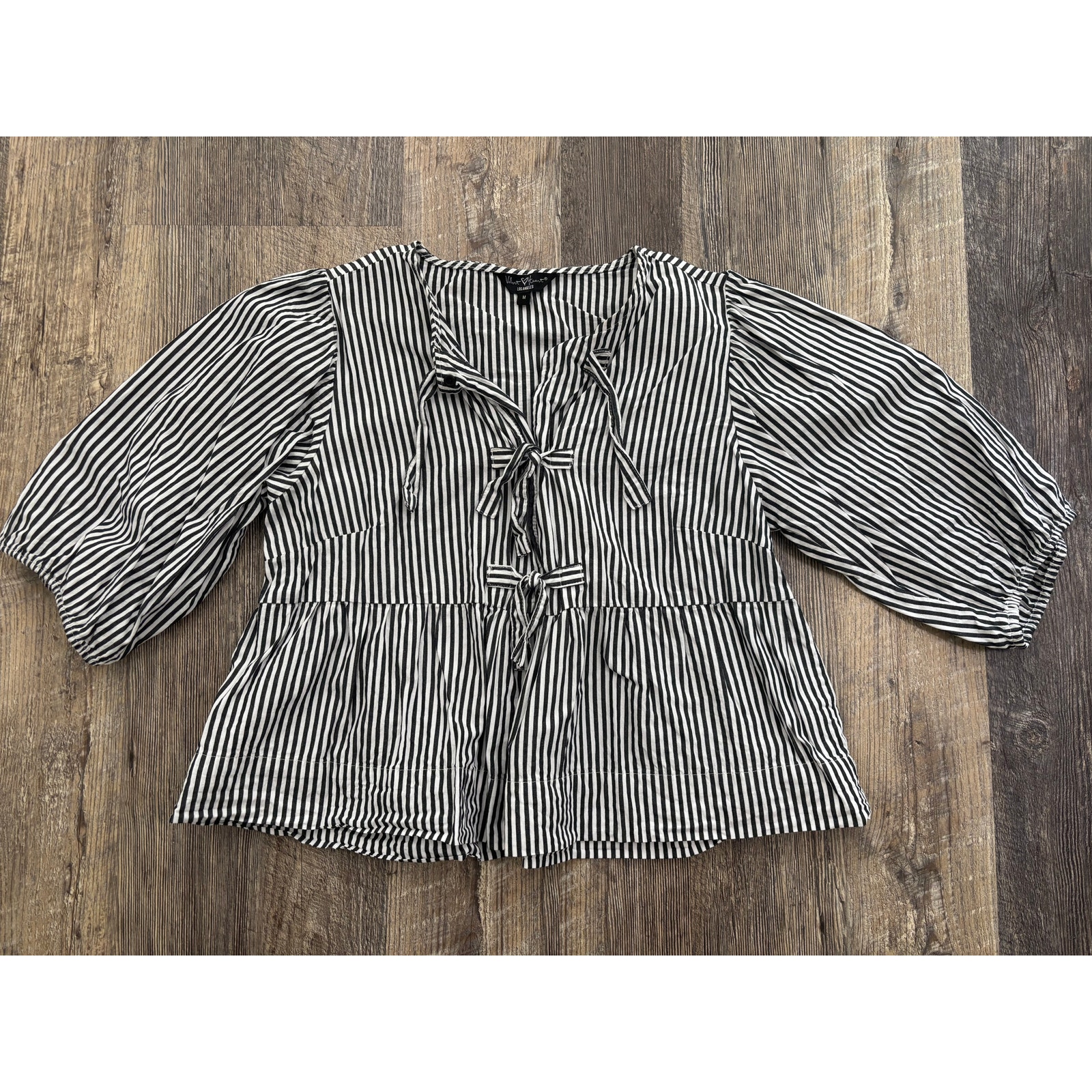 Velvet Heart Black White Striped Tie Front Peplum Blouse Puff Sleeve Ccl24498 M